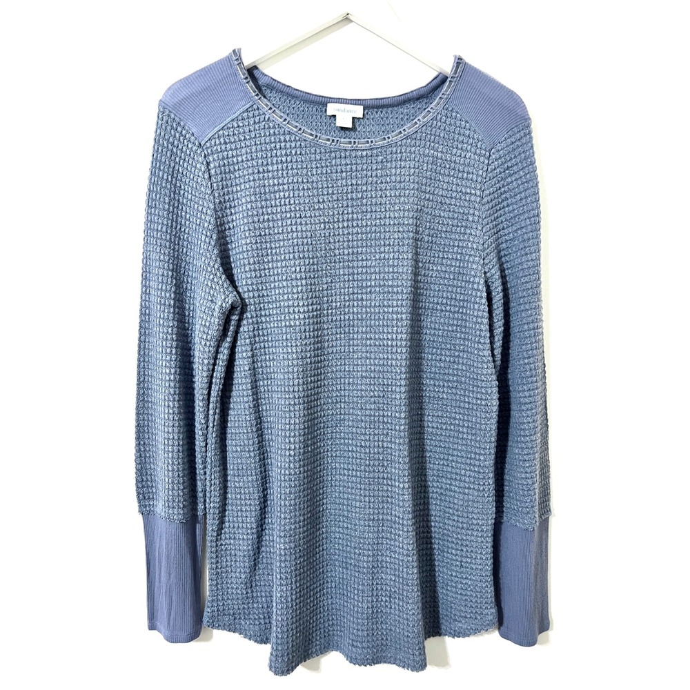 SUNDANCE Blue Waffle Knit Top Pre-loved Crochet Trim Long Sleeve Boho L
